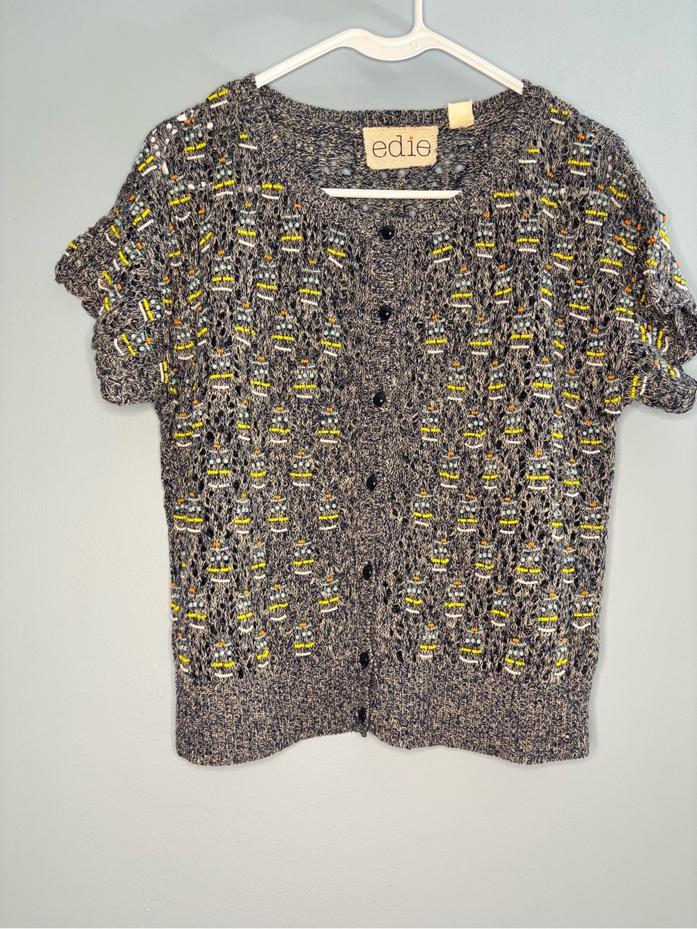 Anthropologie Edie Refracted Scarab Beaded Linen Cardigan Women’s Size Medium